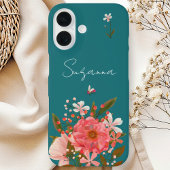 Coque iPhone 16 Boho Pink Floral Script Personnaliser le nom