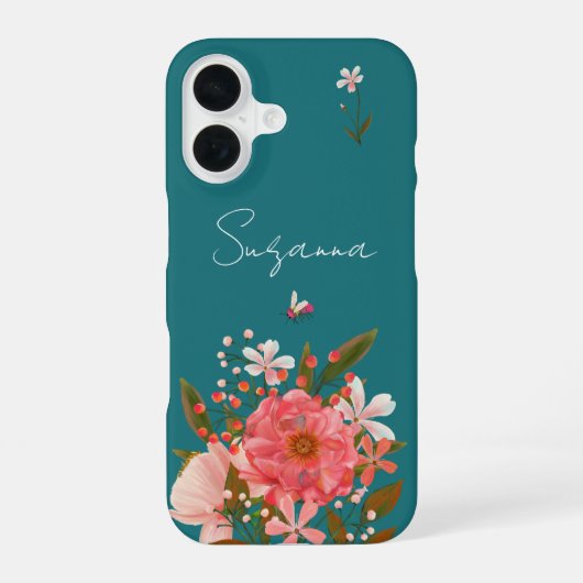 Coque iPhone 16 Boho Pink Floral Script Personnaliser le nom (Verso)