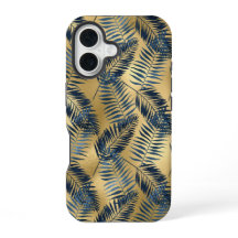 Boîtier iPhone 16 feuille de palmier bleu or