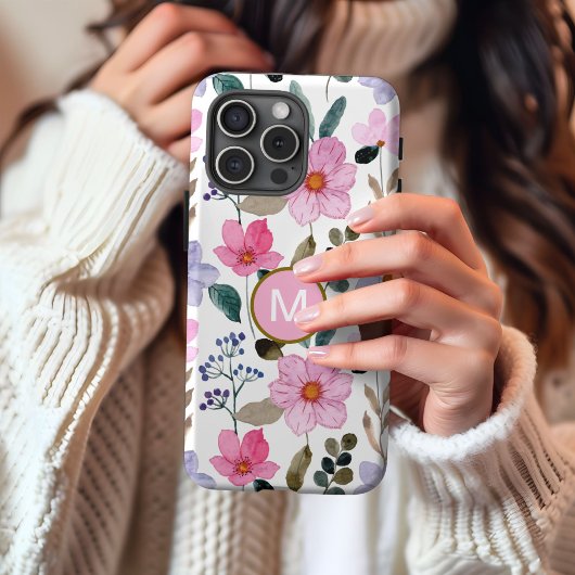 Coque iPhone 16 Boîtier iPhone à motif fleur rose Monogramme
