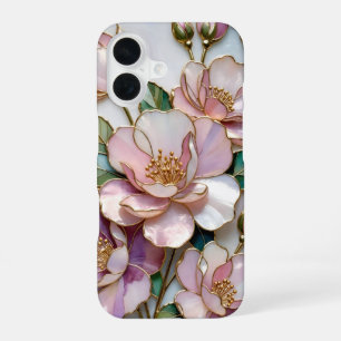 Coque iPhone 16 Boîtier iPhone Fleur de Verre Coloré Rose Fleur Or
