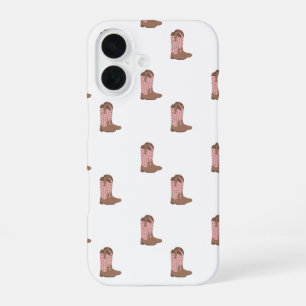 Coque iPhone 16 Bottes de cowboy rose avec fausses étoiles scintil