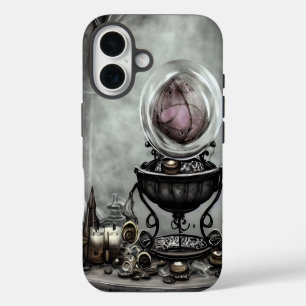 Coque iPhone 16 Boule de cristal violet orné et objets de sorcelle