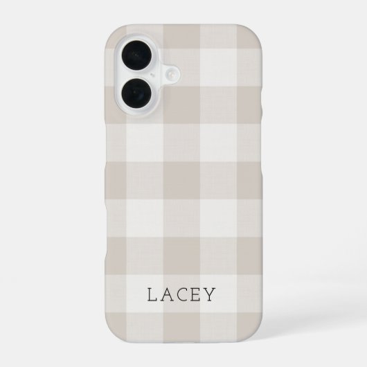 Coque iPhone 16 Buffle à carreaux beige rustique monogramme (Verso)