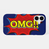 Coque iPhone 16 Bulle de texte exclamative BD bleu OMG (Verso Horizontal)