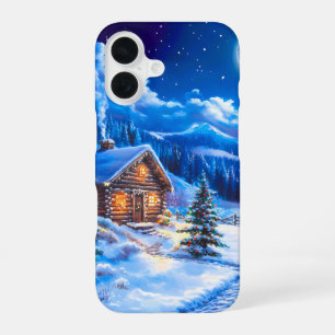 Coque iPhone 16 Cabane de Noël sous la lune hivernale enneigée