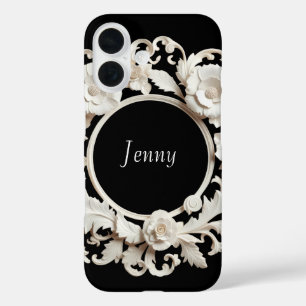 coque Iphone 16 cadre de fleurs en papier noir et