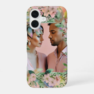 Coque iPhone 16 Cadre photo Mariage Fleur sauvage Pastel Fiançaill