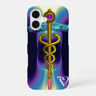 Coque iPhone 16 CADUCÉE MÉDICAL EN OR SYMBOLE ,Monogramme Bleu Vio