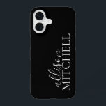 Coque iPhone 16 Calligraphie de script minimaliste noir<br><div class="desc">Le coque minimaliste combine le nom de la calligraphie de script avec la police serif chic.</div>