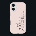 Coque iPhone 16 Calligraphie de script minimaliste rose pâle<br><div class="desc">Le coque minimaliste combine le nom de la calligraphie de script avec la police serif chic.</div>