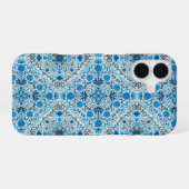 Coque iPhone 16 Carreaux floraux bleus (Verso Horizontal)