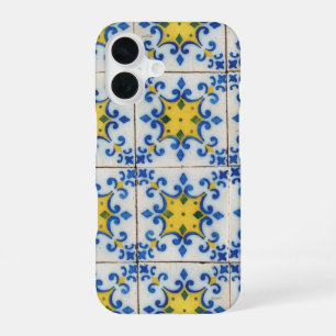 Coque iPhone 16 Carreaux Portugais - Motif Bleu et Jaune Azulejo