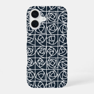 Coque iPhone 16 Carrés de rose Art Déco Fleur stylisée bleu marine