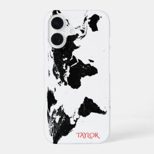 Coque iPhone 16 Carte du monde noir et blanc – Personnalisée