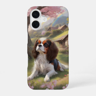 Coque iPhone 16 Cavalier King Charles tricolore Cerisiers en fleur