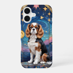 Coque iPhone 16 Cavalier King Charles Vitrail Ciel et Étoiles