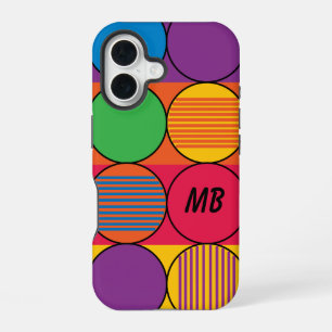 Coque iPhone 16 Cercles et bandes de couleur vive et initiales