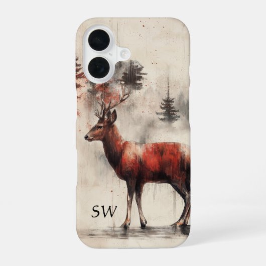 Coque iPhone 16 Cerf Rouge Dans La Forêt Monogrammé (Verso)
