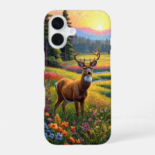Coque iPhone 16 Cerfs dans une prairie de fleurs sauvages