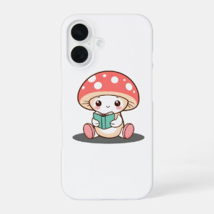 Coque iPhone 16 Champignon Timide Tenant un Livre