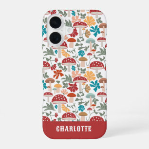 Coque iPhone 16 Champignons & Floral Mid Century Modern Nom Person
