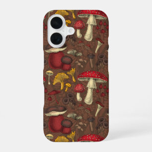 Coque iPhone 16 Champignons sauvages sur brun
