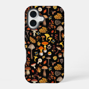 Coque iPhone 16 Champignons sauvages sur fond noir
