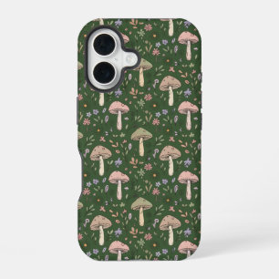 Coque iPhone 16 Champignons Vert Chasseur Sombre Sans Couture Fore