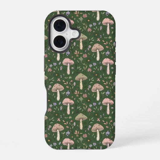Coque iPhone 16 Champignons Vert Chasseur Sombre Sans Couture Fore (Verso)