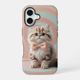 Coque iPhone 16 Chat adorable avec Cravate en bois sur Pastel doux