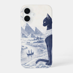 Coque iPhone 16 Chat Bastet égyptien antique et Pyramides Bleu
