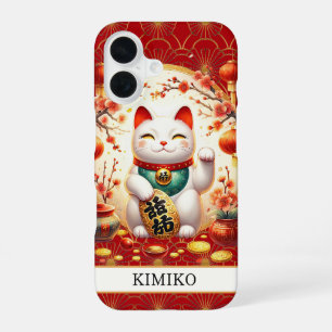 Coque iPhone 16 Chat Chanceux Avec Pièces D'or Sur Monogramme Roug