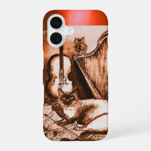 COQUE iPhone 16 CHAT MUSICAL AVEC HIBOU EN SÉPIA BRUN GEMME