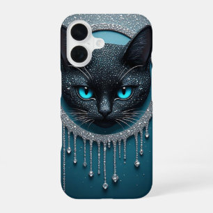 Coque iPhone 16 Chat noir aux yeux bleus Portrait gothique sombre