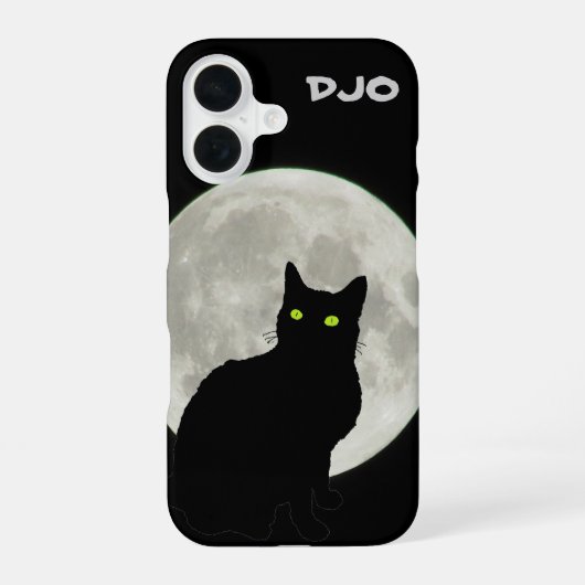 Coque iPhone 16 Chat noir sous la pleine lune regardant vers le ha (Verso)