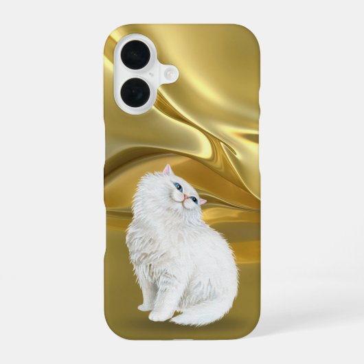 Coque iPhone 16 Chat Perse Blanc Sur Satin Or (Verso)