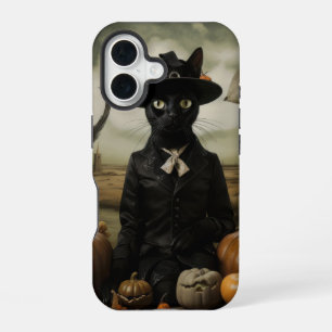Coque iPhone 16 Chat sorcière avec citrouilles