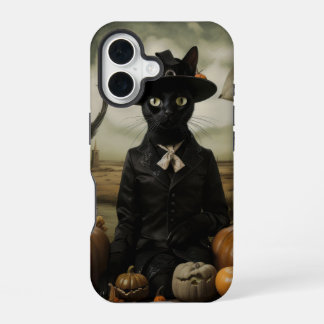 Coque iPhone 16 Chat sorcière avec citrouilles 
