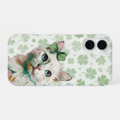 Coque iPhone 16 Chat Trèfle à yeux bleus (Verso Horizontal)