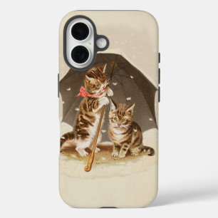 Coque iPhone 16 Chatons vintage sous parapluie art de chat antique