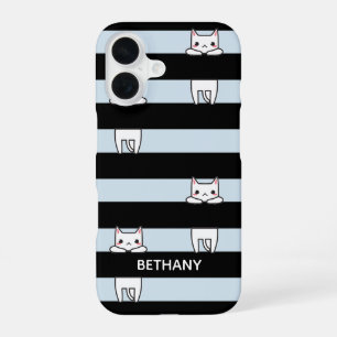 Coque iPhone 16 Chats mignons grimpeurs sur rayures noires et bleu