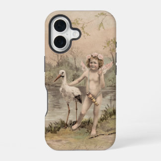 Coque iPhone 16 Cherub vintage avec cigogne près du lac