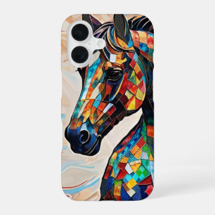 Coque iPhone 16 Cheval de mosaïque en verre à plusieurs couleurs 1