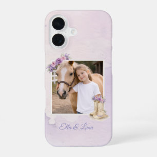 Coque iPhone 16 Cheval Floral Violet Filles