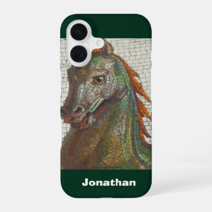 Coque iPhone 16 Cheval Mosaïque, Nom, Vert