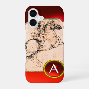 Coque iPhone 16 Chevalier sur un cheval cabré monogramme rubis rou