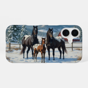 Coque iPhone 16 Chevaux Appaloosa noirs dans une ferme en hiver