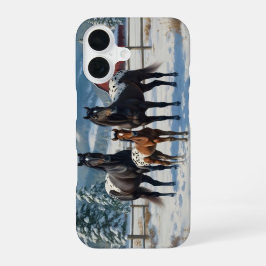 Coque iPhone 16 Chevaux Appaloosa noirs sur une ferme en hiver (Verso)