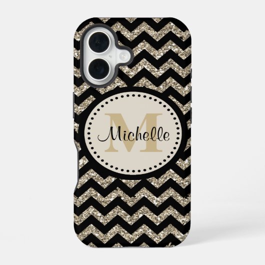 Coque iPhone 16 Chevron Noir Monogramme Argent Or (Verso)